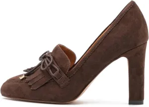 MOOMMO Women High Chunky Heel Loafers Bow & Fringe Pumps Closed Round Toe Slip On Tassel Loafers 3 Inch Block Heel Suede Oxford Shoes for Office Ladies Work Business Party Dress Shoes Spring 4-11 M US