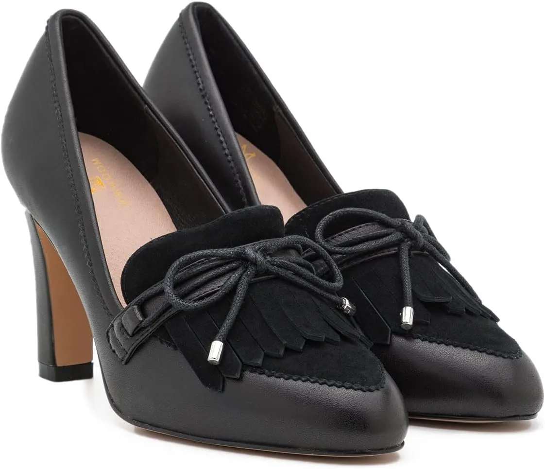 MOOMMO Women High Chunky Heel Loafers Bow & Fringe Pumps Closed Round Toe Slip On Tassel Loafers 3 Inch Block Heel Suede Oxford Shoes for Office Ladies Work Business Party Dress Shoes Spring 4-11 M US