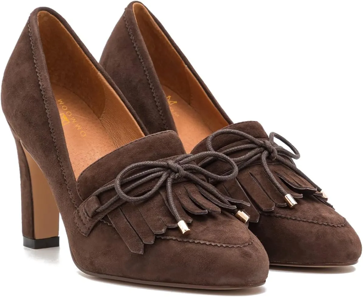 MOOMMO Women High Chunky Heel Loafers Bow & Fringe Pumps Closed Round Toe Slip On Tassel Loafers 3 Inch Block Heel Suede Oxford Shoes for Office Ladies Work Business Party Dress Shoes Spring 4-11 M US
