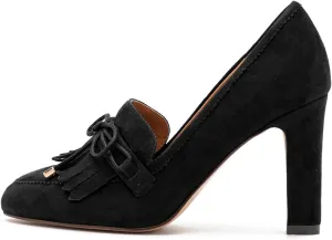 MOOMMO Women High Chunky Heel Loafers Bow & Fringe Pumps Closed Round Toe Slip On Tassel Loafers 3 Inch Block Heel Suede Oxford Shoes for Office Ladies Work Business Party Dress Shoes Spring 4-11 M US
