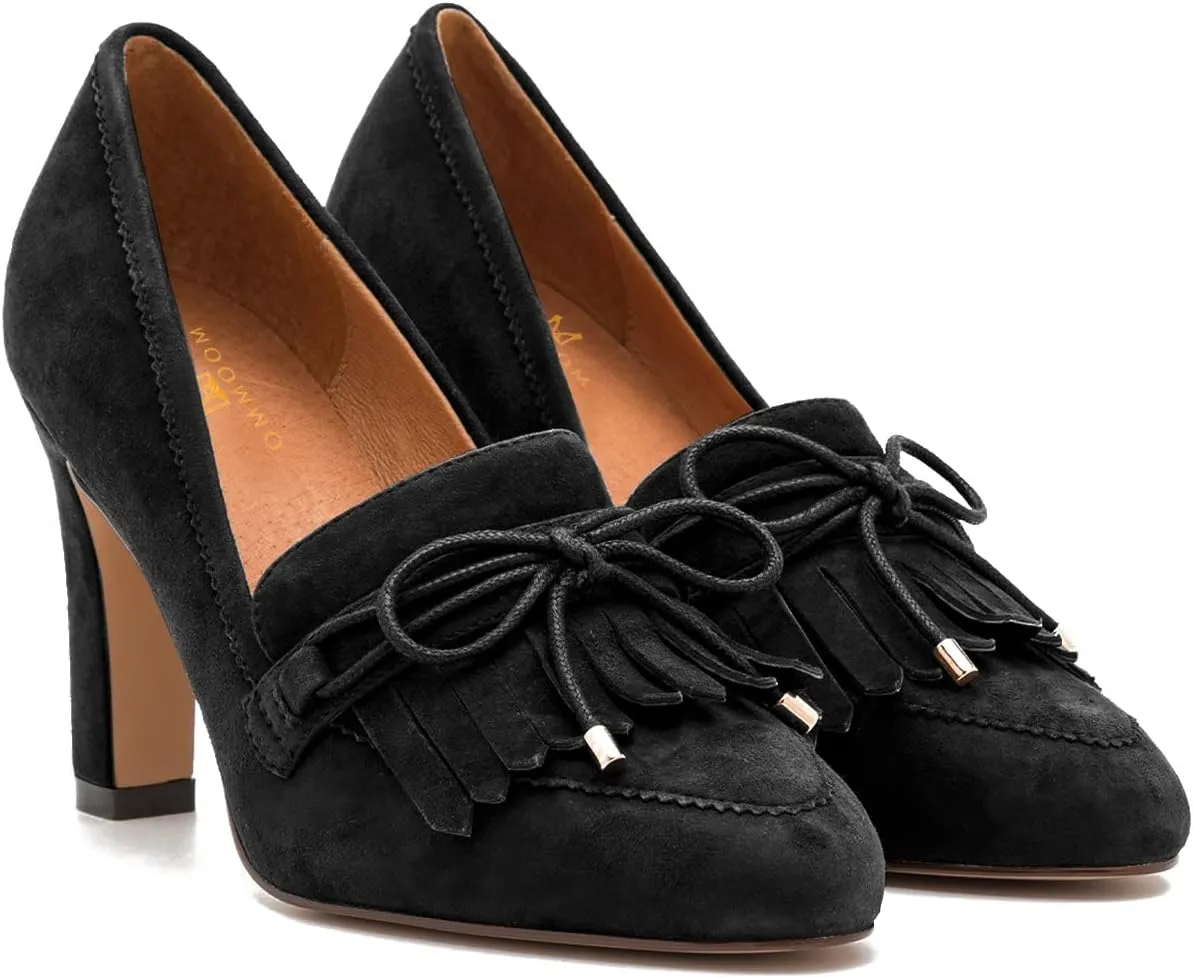 MOOMMO Women High Chunky Heel Loafers Bow & Fringe Pumps Closed Round Toe Slip On Tassel Loafers 3 Inch Block Heel Suede Oxford Shoes for Office Ladies Work Business Party Dress Shoes Spring 4-11 M US