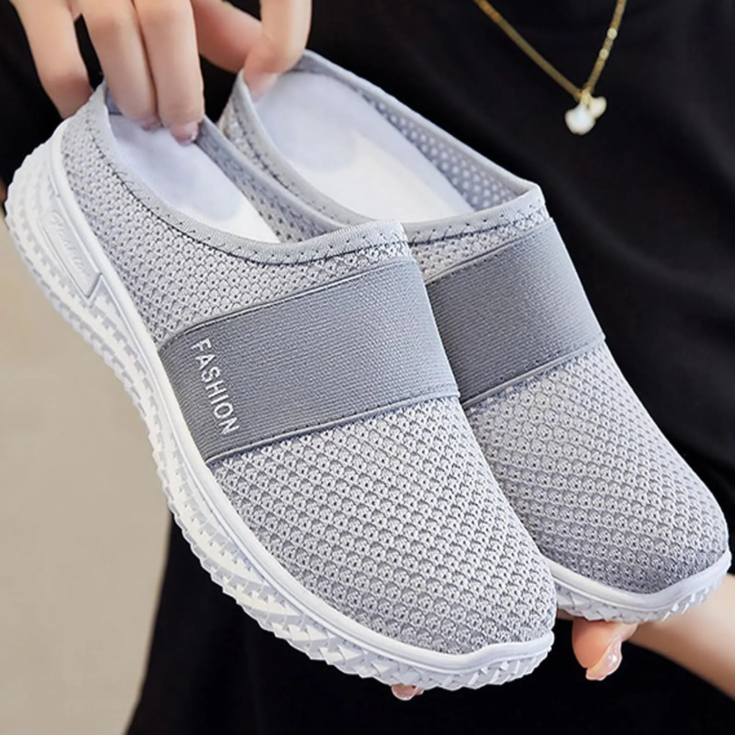 Mules for Women Summer Slip On Backless Breathable Shoes Air Cushion Platform Mesh Sandals Lightweight Beach Walking Shoes Arch Support Beach Slipper Wide Width Clogs