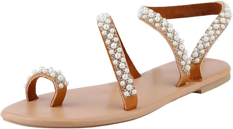 One toe Boho Women's Summer Sandals Pearl Rhinestone Sandals Women Dressy Summer Flat Women's Flat Sandals Beaded