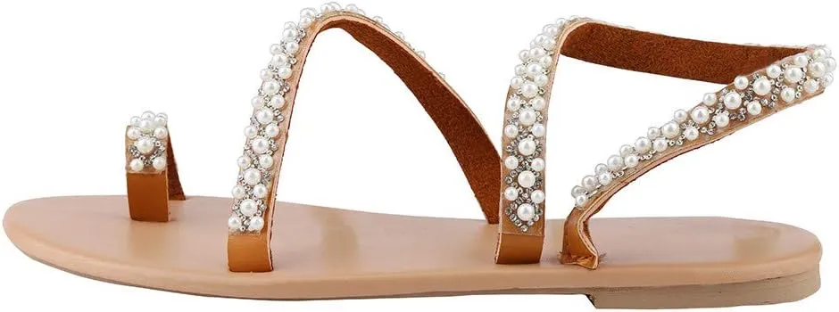 One toe Boho Women's Summer Sandals Pearl Rhinestone Sandals Women Dressy Summer Flat Women's Flat Sandals Beaded