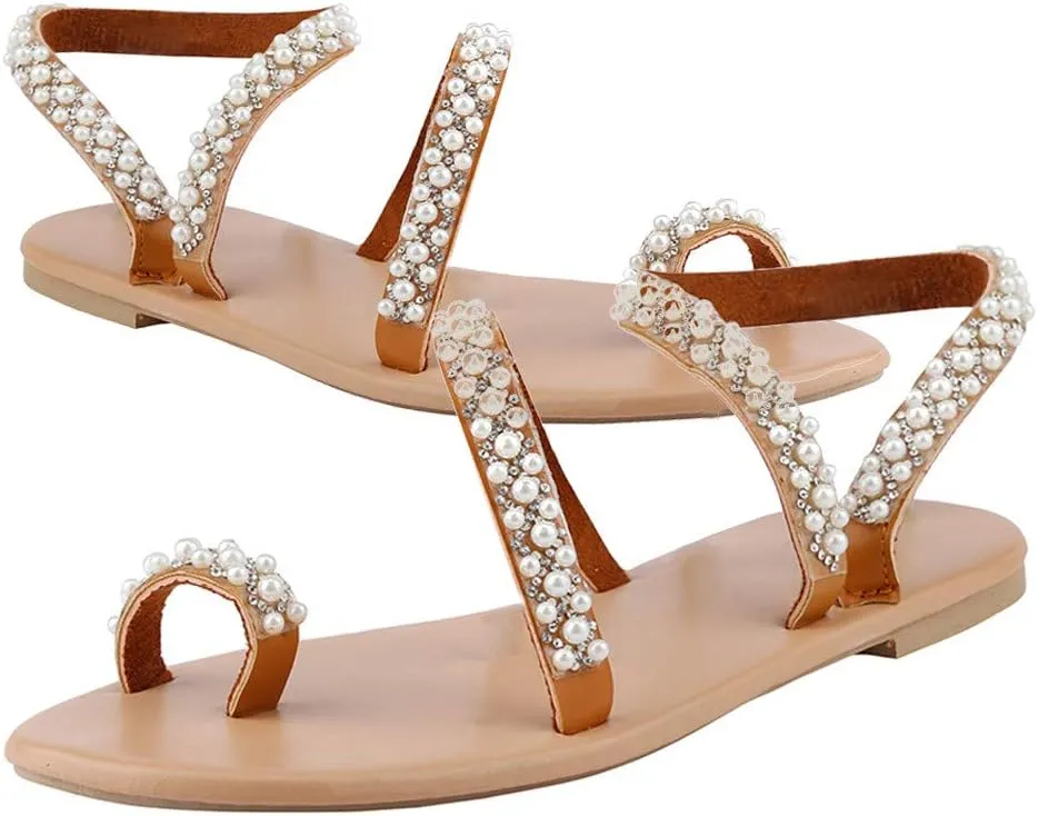 One toe Boho Women's Summer Sandals Pearl Rhinestone Sandals Women Dressy Summer Flat Women's Flat Sandals Beaded