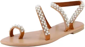 One toe Boho Women's Summer Sandals Pearl Rhinestone Sandals Women Dressy Summer Flat Women's Flat Sandals Beaded