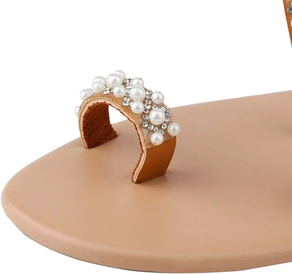 One toe Boho Women's Summer Sandals Pearl Rhinestone Sandals Women Dressy Summer Flat Women's Flat Sandals Beaded
