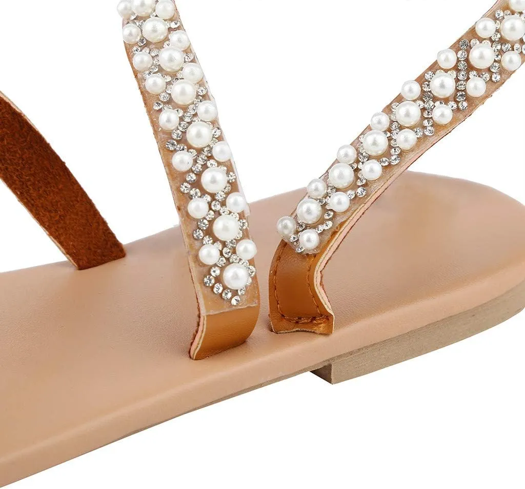 One toe Boho Women's Summer Sandals Pearl Rhinestone Sandals Women Dressy Summer Flat Women's Flat Sandals Beaded