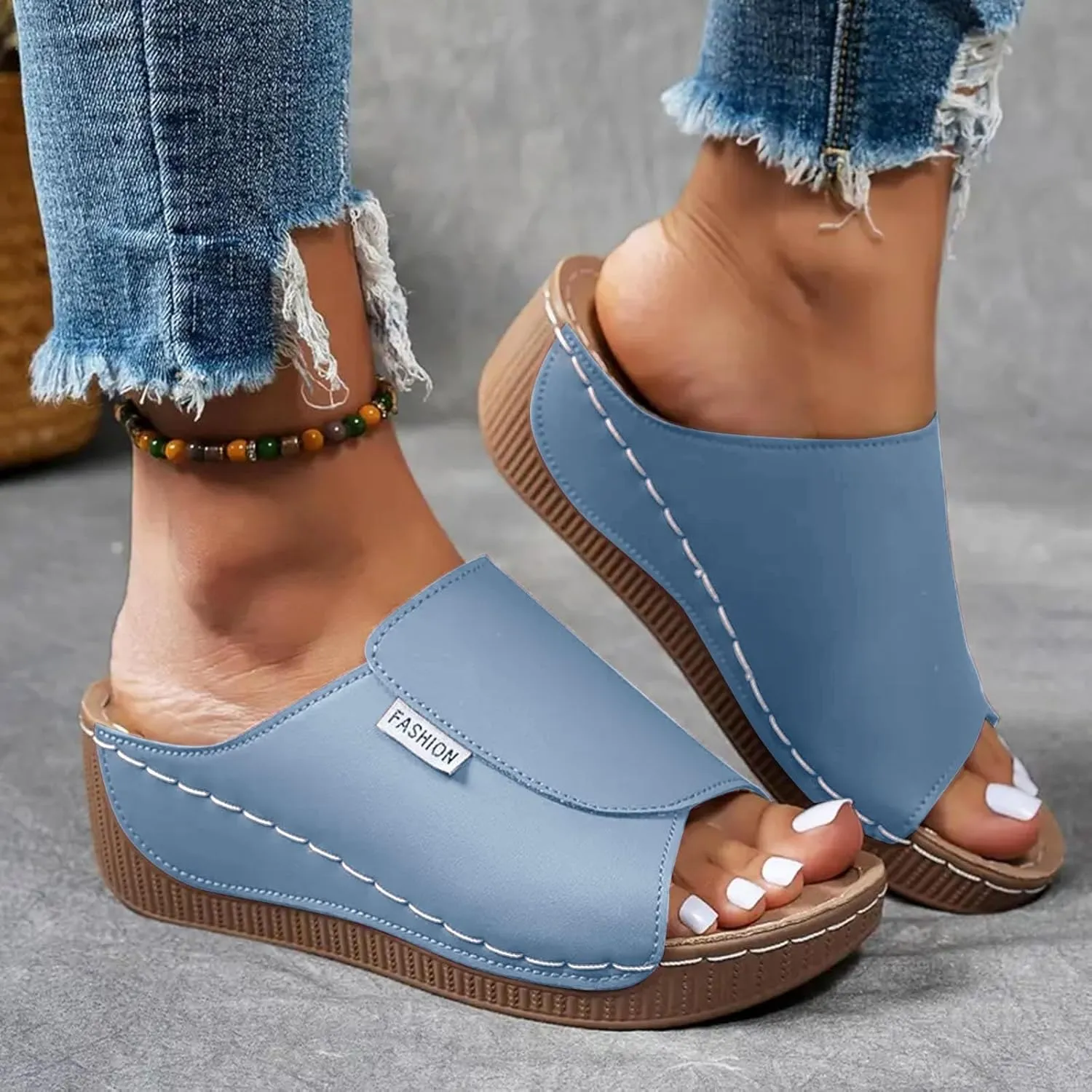 Orthopedic Sandals for Women, Comfortable Arch Support Slides Slip on Dressy Summer Fashion Orthotic Slides Leather Platform Wedge Sandals Ladies Lightweight Thick Cushion Slippers