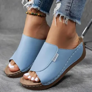 Orthopedic Sandals for Women, Comfortable Arch Support Slides Slip on Dressy Summer Fashion Orthotic Slides Leather Platform Wedge Sandals Ladies Lightweight Thick Cushion Slippers