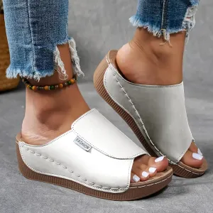 Orthopedic Sandals for Women, Comfortable Arch Support Slides Slip on Dressy Summer Fashion Orthotic Slides Leather Platform Wedge Sandals Ladies Lightweight Thick Cushion Slippers