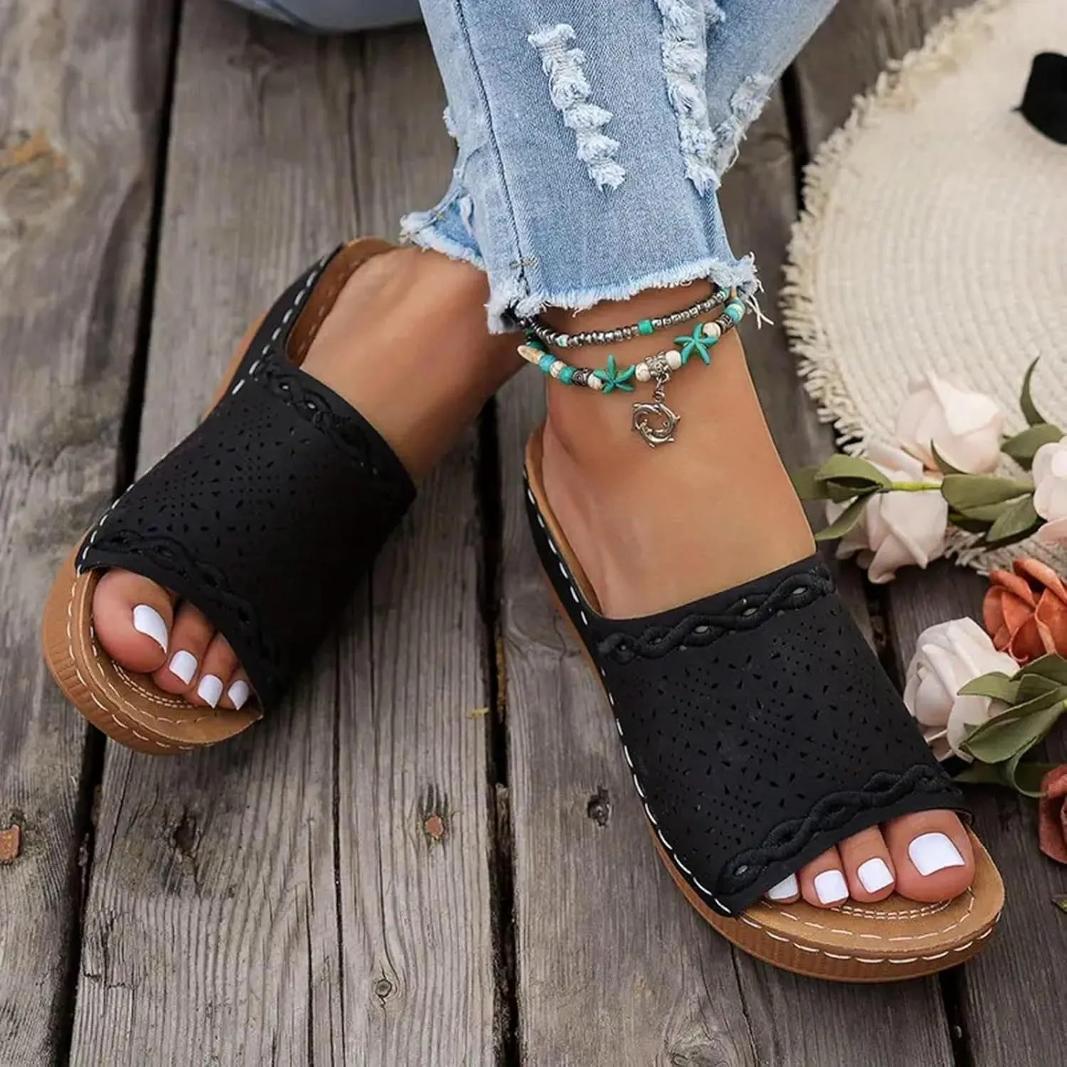 Orthopedic Sandals for Women, Comfortable Arch Support Slides Slip on Dressy Summer Fashion Orthotic Slides Leather Platform Wedge Sandals Ladies Lightweight Thick Cushion Slippers