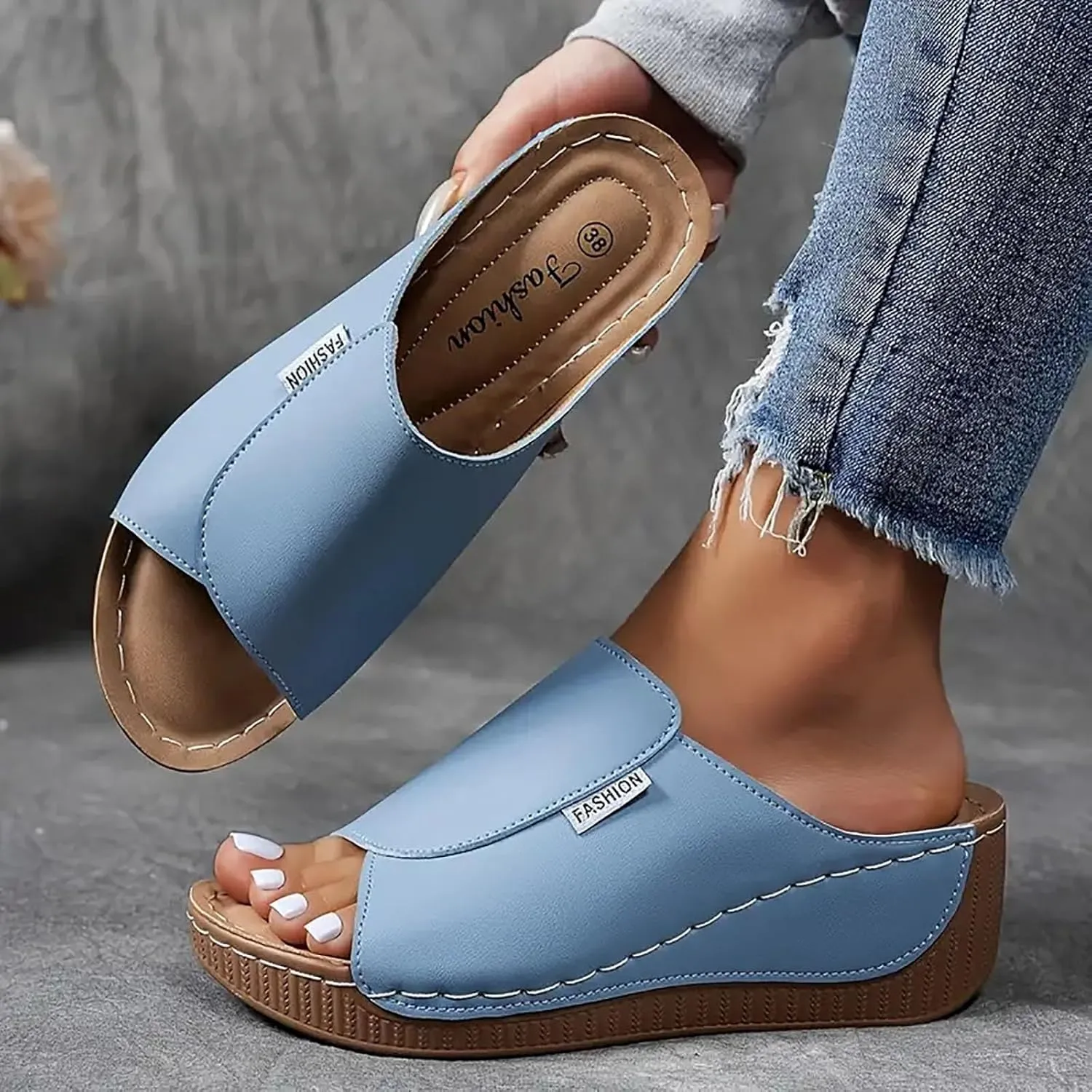 Orthopedic Sandals for Women, Comfortable Arch Support Slides Slip on Dressy Summer Fashion Orthotic Slides Leather Platform Wedge Sandals Ladies Lightweight Thick Cushion Slippers