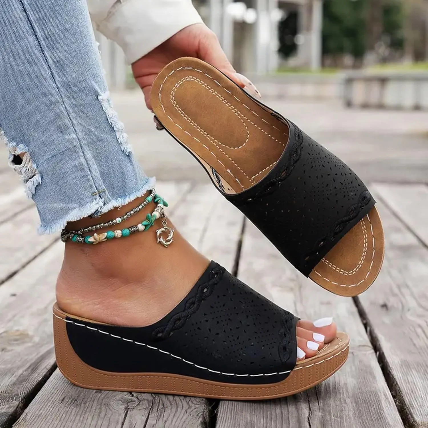Orthopedic Sandals for Women, Comfortable Arch Support Slides Slip on Dressy Summer Fashion Orthotic Slides Leather Platform Wedge Sandals Ladies Lightweight Thick Cushion Slippers