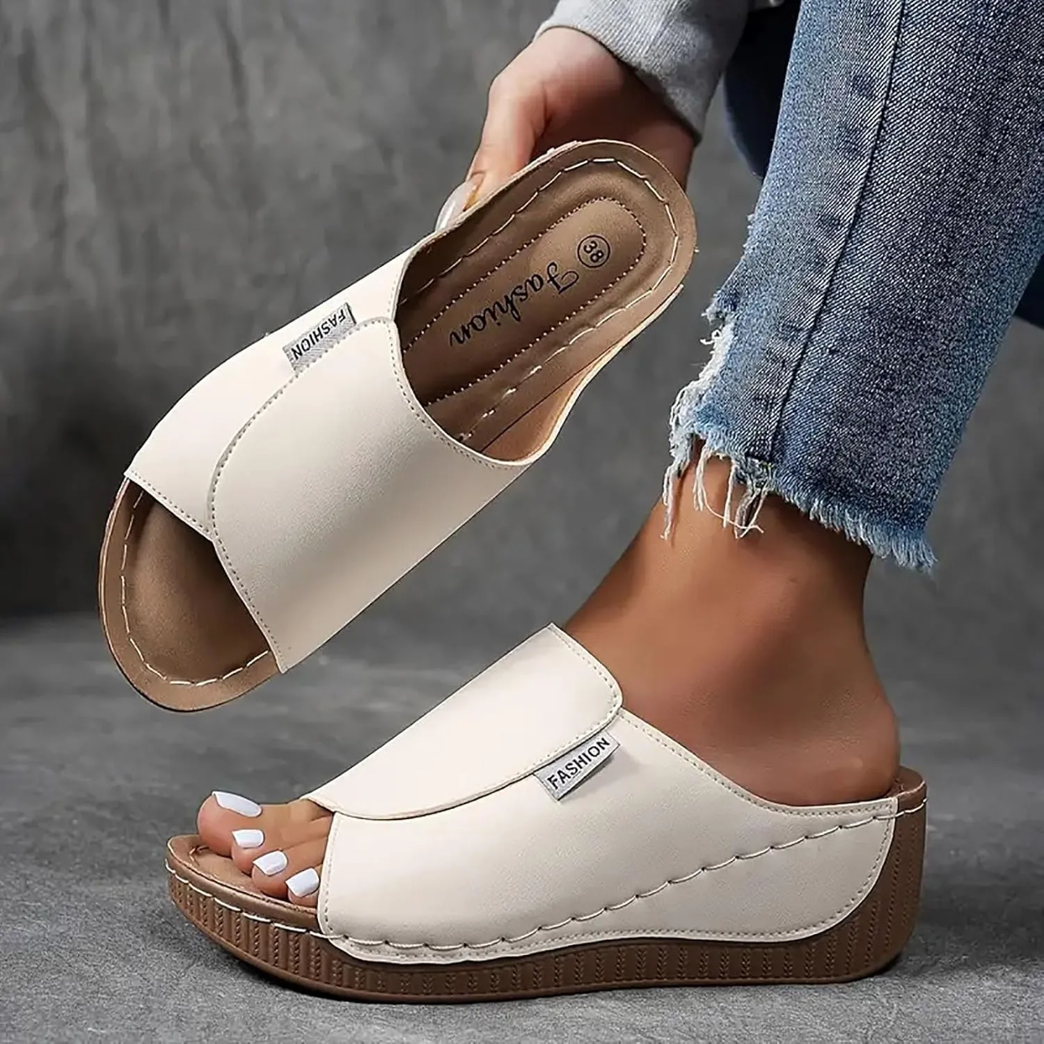Orthopedic Sandals for Women, Comfortable Arch Support Slides Slip on Dressy Summer Fashion Orthotic Slides Leather Platform Wedge Sandals Ladies Lightweight Thick Cushion Slippers