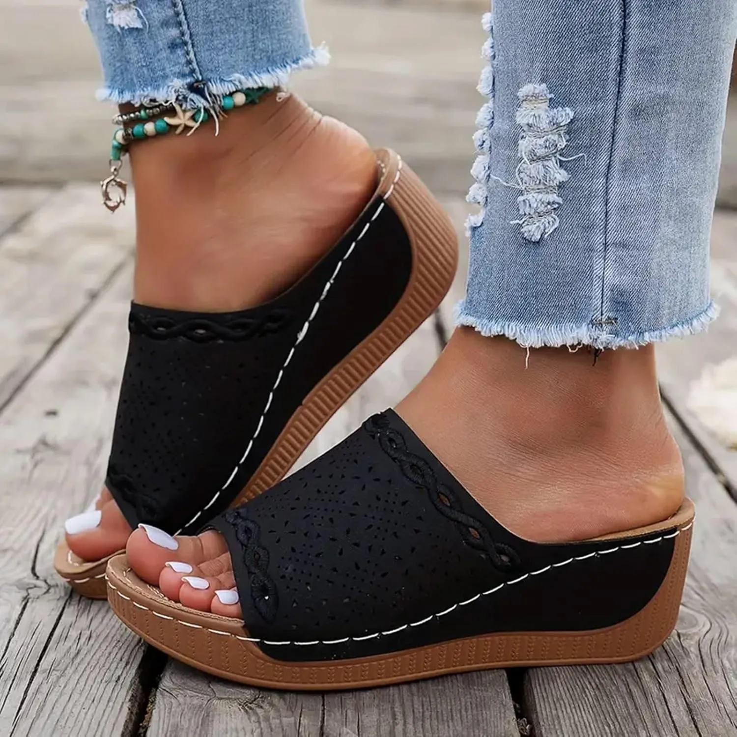 Orthopedic Sandals for Women, Comfortable Arch Support Slides Slip on Dressy Summer Fashion Orthotic Slides Leather Platform Wedge Sandals Ladies Lightweight Thick Cushion Slippers