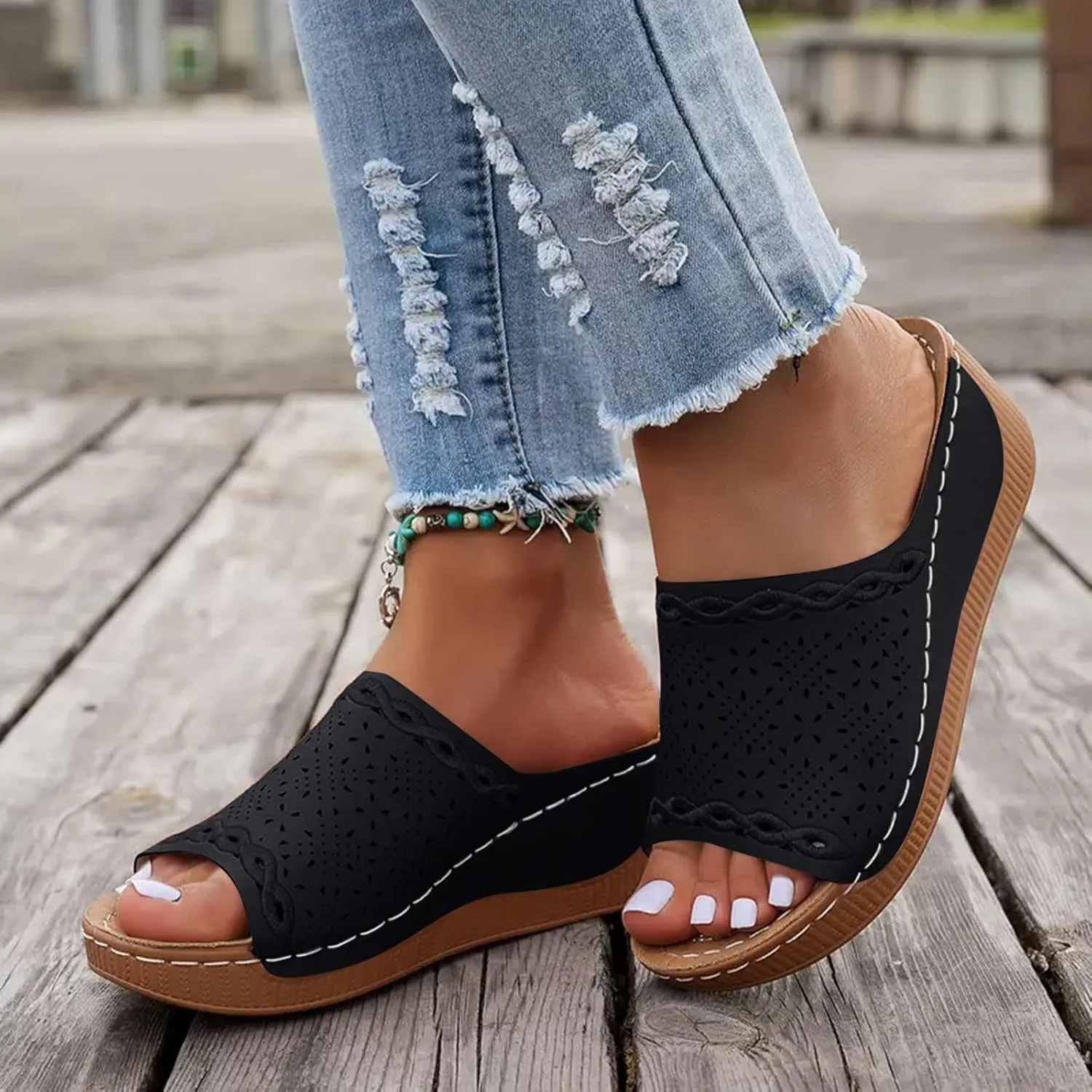 Orthopedic Sandals for Women, Comfortable Arch Support Slides Slip on Dressy Summer Fashion Orthotic Slides Leather Platform Wedge Sandals Ladies Lightweight Thick Cushion Slippers