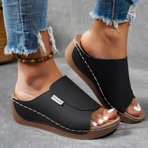 Orthopedic Sandals for Women, Comfortable Arch Support Slides Slip on Dressy Summer Fashion Orthotic Slides Leather Platform Wedge Sandals Ladies Lightweight Thick Cushion Slippers