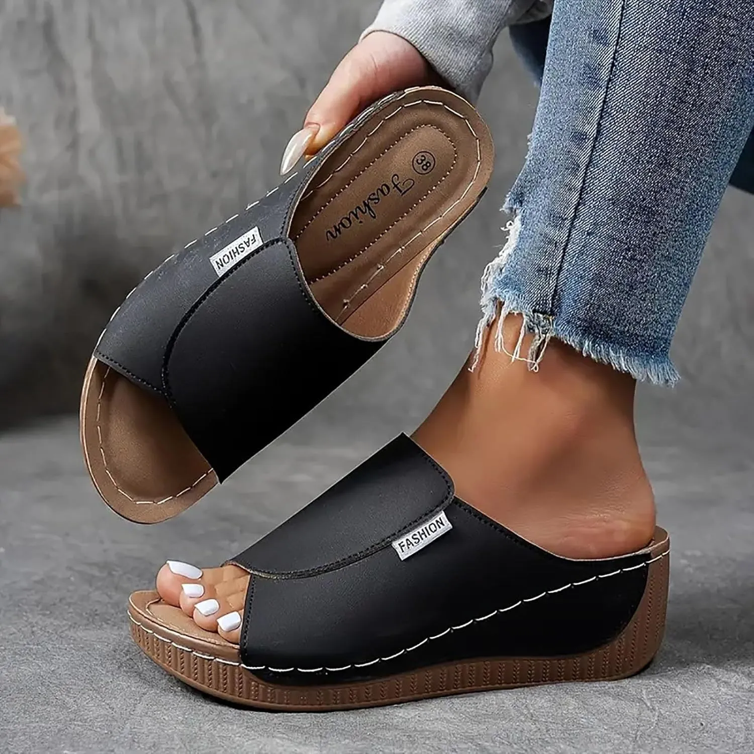 Orthopedic Sandals for Women, Comfortable Arch Support Slides Slip on Dressy Summer Fashion Orthotic Slides Leather Platform Wedge Sandals Ladies Lightweight Thick Cushion Slippers