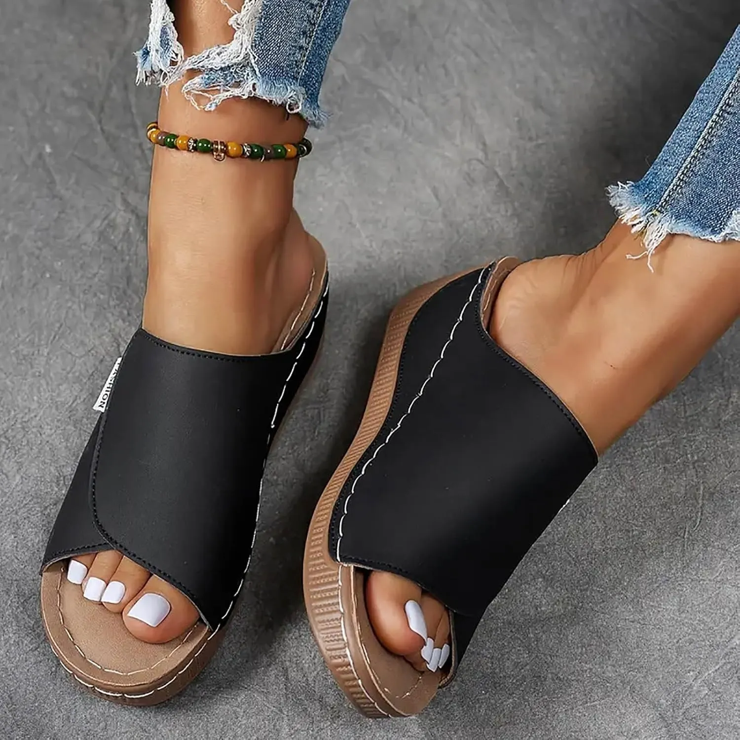 Orthopedic Sandals for Women, Comfortable Arch Support Slides Slip on Dressy Summer Fashion Orthotic Slides Leather Platform Wedge Sandals Ladies Lightweight Thick Cushion Slippers