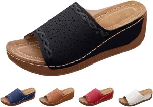 Orthopedic Sandals for Women, Comfortable Arch Support Slides Slip on Dressy Summer Fashion Orthotic Slides Leather Platform Wedge Sandals Ladies Lightweight Thick Cushion Slippers