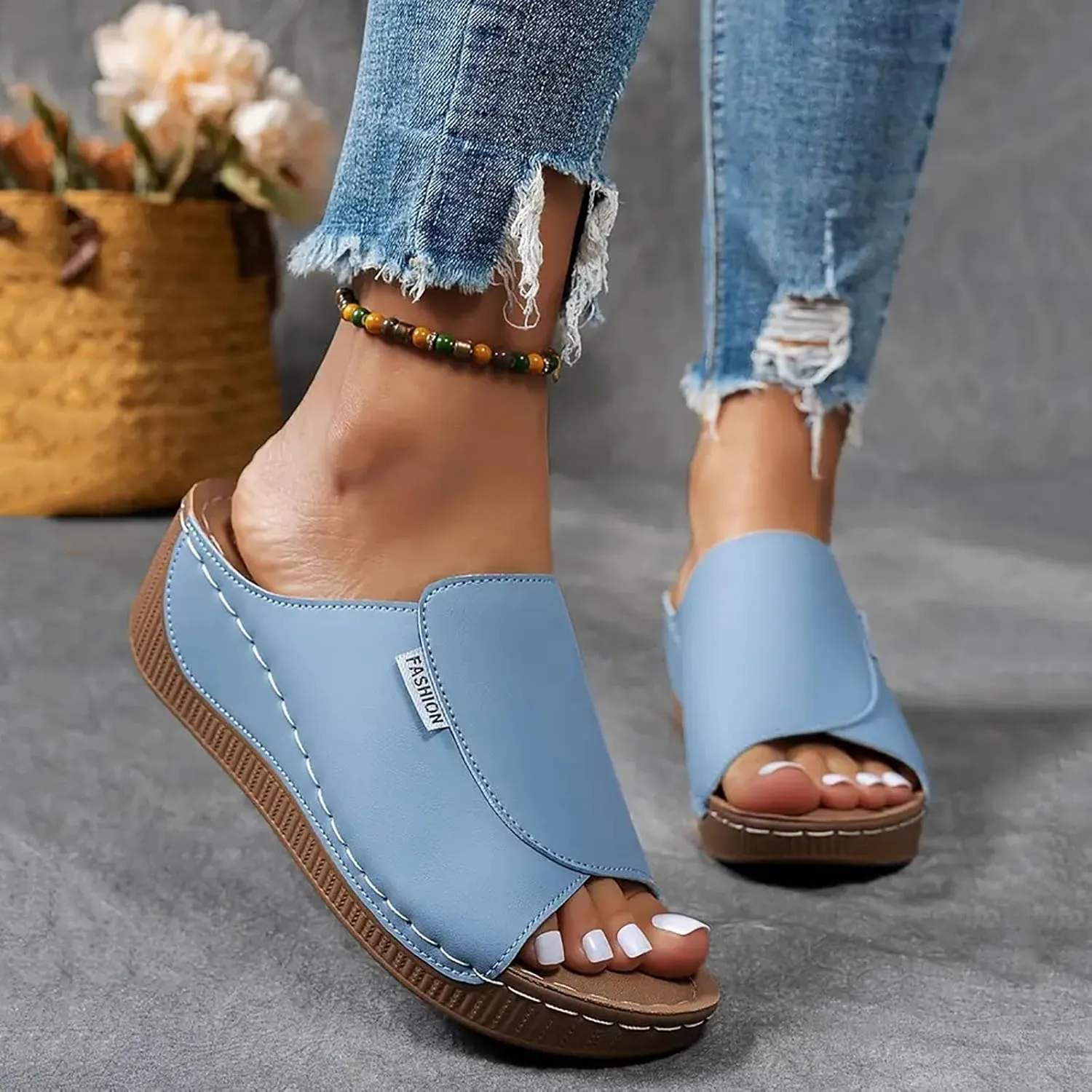Orthopedic Sandals for Women, Comfortable Arch Support Slides Slip on Dressy Summer Fashion Orthotic Slides Leather Platform Wedge Sandals Ladies Lightweight Thick Cushion Slippers