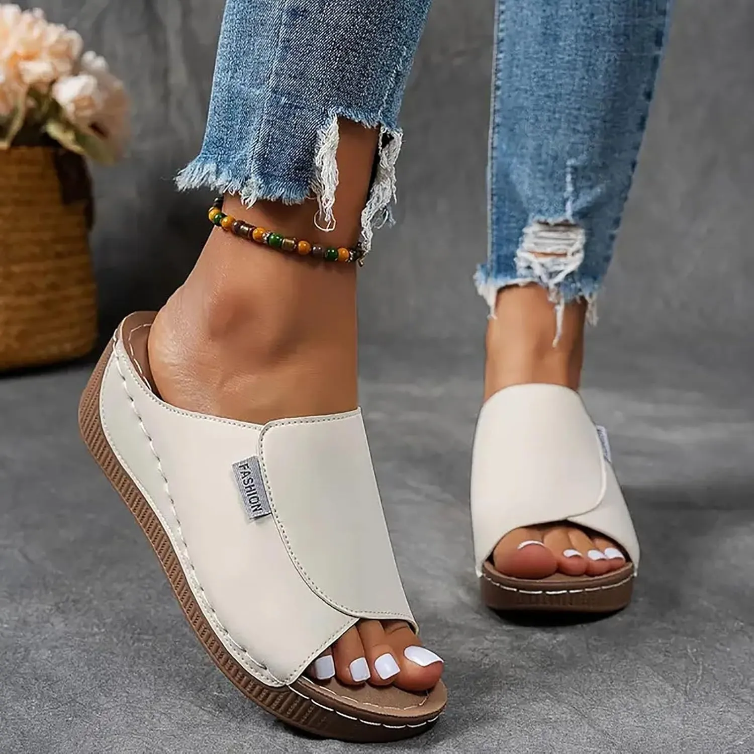 Orthopedic Sandals for Women, Comfortable Arch Support Slides Slip on Dressy Summer Fashion Orthotic Slides Leather Platform Wedge Sandals Ladies Lightweight Thick Cushion Slippers