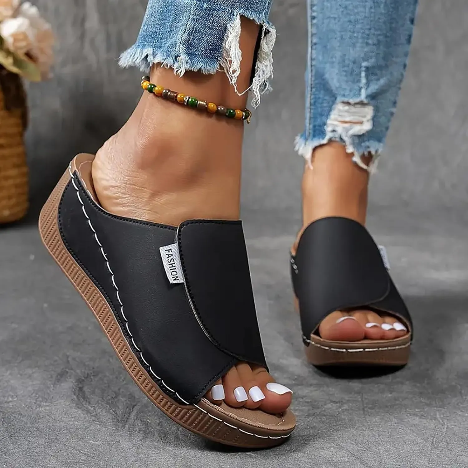 Orthopedic Sandals for Women, Comfortable Arch Support Slides Slip on Dressy Summer Fashion Orthotic Slides Leather Platform Wedge Sandals Ladies Lightweight Thick Cushion Slippers