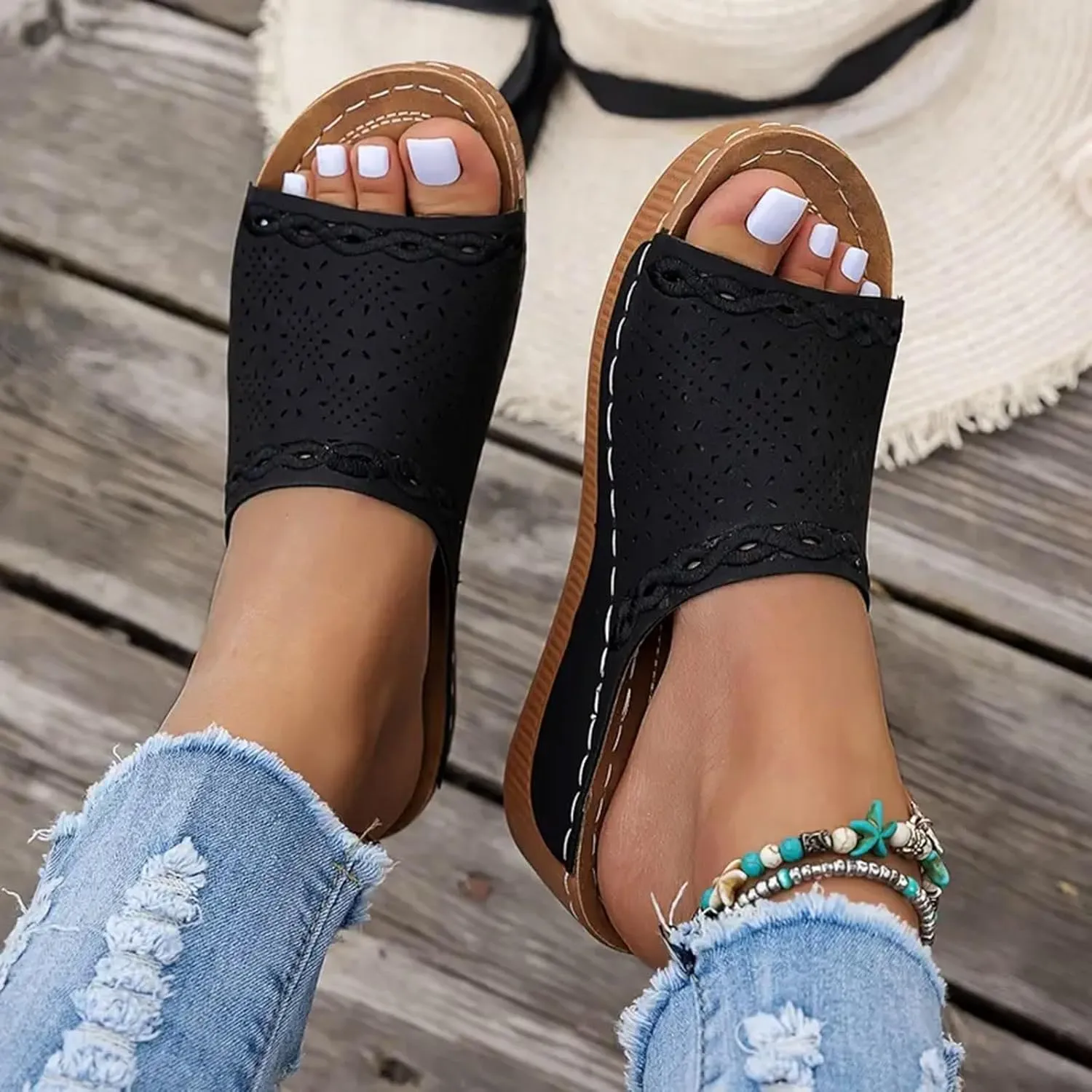 Orthopedic Sandals for Women, Comfortable Arch Support Slides Slip on Dressy Summer Fashion Orthotic Slides Leather Platform Wedge Sandals Ladies Lightweight Thick Cushion Slippers