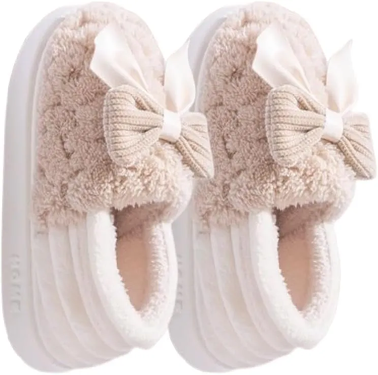 Premium Comfort Closed Back Cute Bow Women's Fuzzy House Slippers Indoor Soft Warm Kawaii Shoes Memory Foam Sole