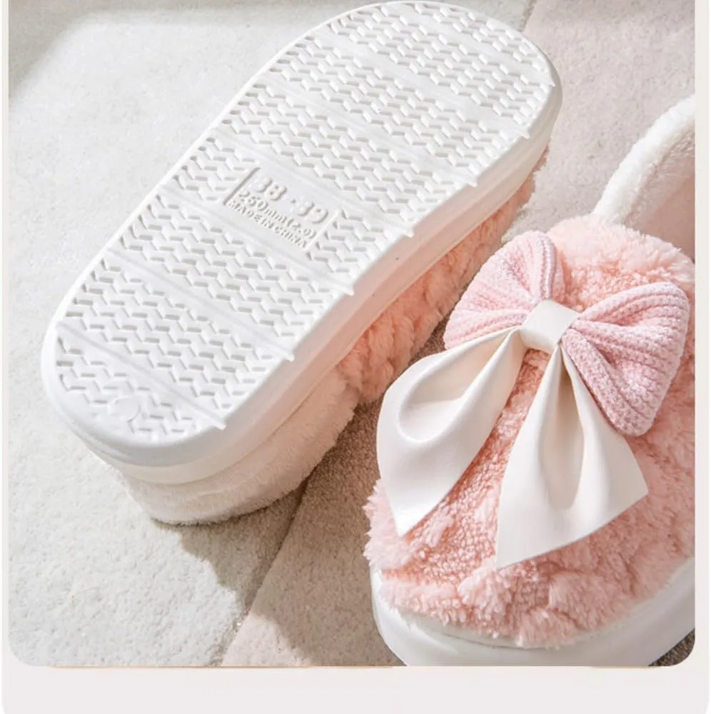 Premium Comfort Closed Back Cute Bow Women's Fuzzy House Slippers Indoor Soft Warm Kawaii Shoes Memory Foam Sole