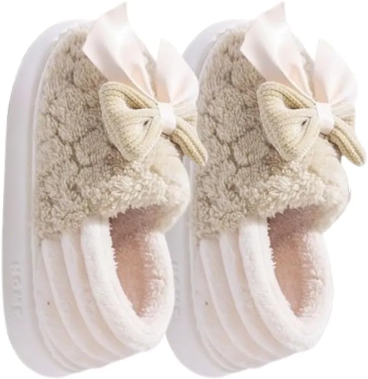 Premium Comfort Closed Back Cute Bow Women's Fuzzy House Slippers Indoor Soft Warm Kawaii Shoes Memory Foam Sole