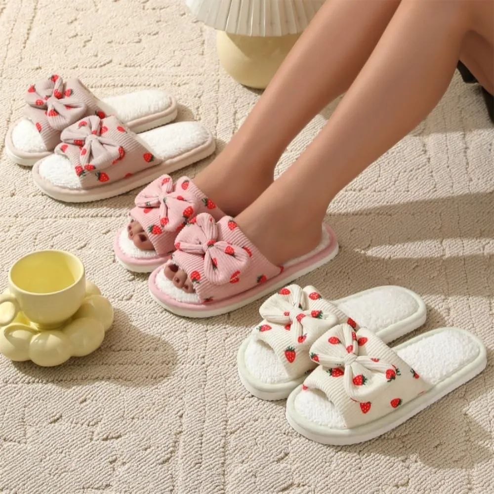 Premium Comfort Cute Bow Strawberry Women's Fuzzy House Slippers Indoor Soft Warm Kawaii Shoes Memory Foam Sole