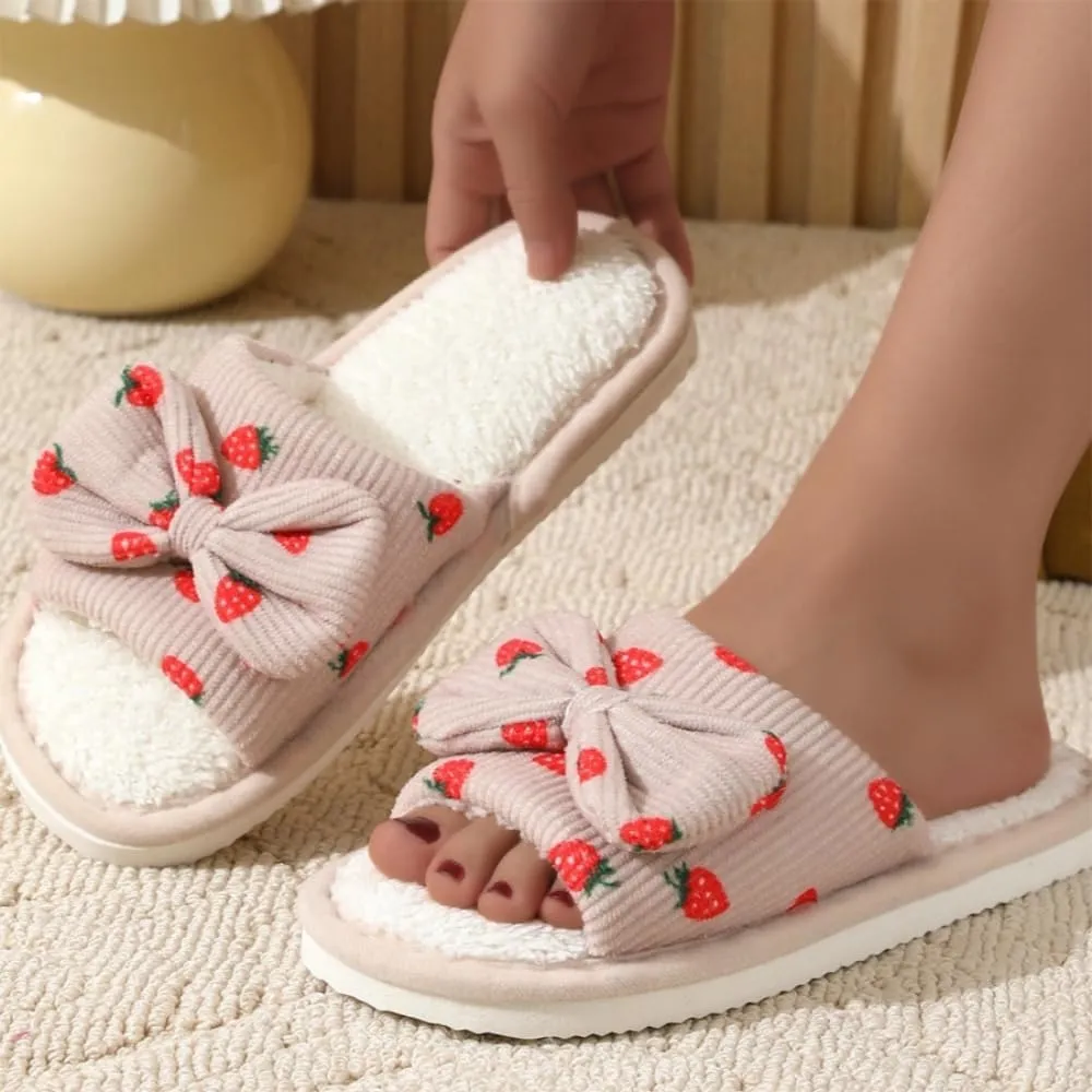 Premium Comfort Cute Bow Strawberry Women's Fuzzy House Slippers Indoor Soft Warm Kawaii Shoes Memory Foam Sole