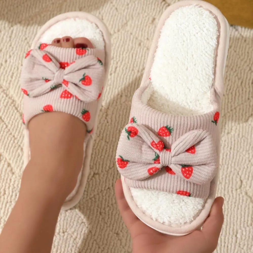 Premium Comfort Cute Bow Strawberry Women's Fuzzy House Slippers Indoor Soft Warm Kawaii Shoes Memory Foam Sole