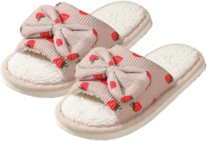 Premium Comfort Cute Bow Strawberry Women's Fuzzy House Slippers Indoor Soft Warm Kawaii Shoes Memory Foam Sole