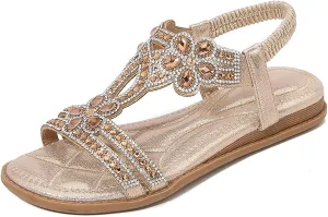 Rhinestone Sandals for Women Dressy Bohemian Flat Comfortable Ankle Elastic T-Strap Open Toe Sandals Slip On Sandal Walking Beach Shoes