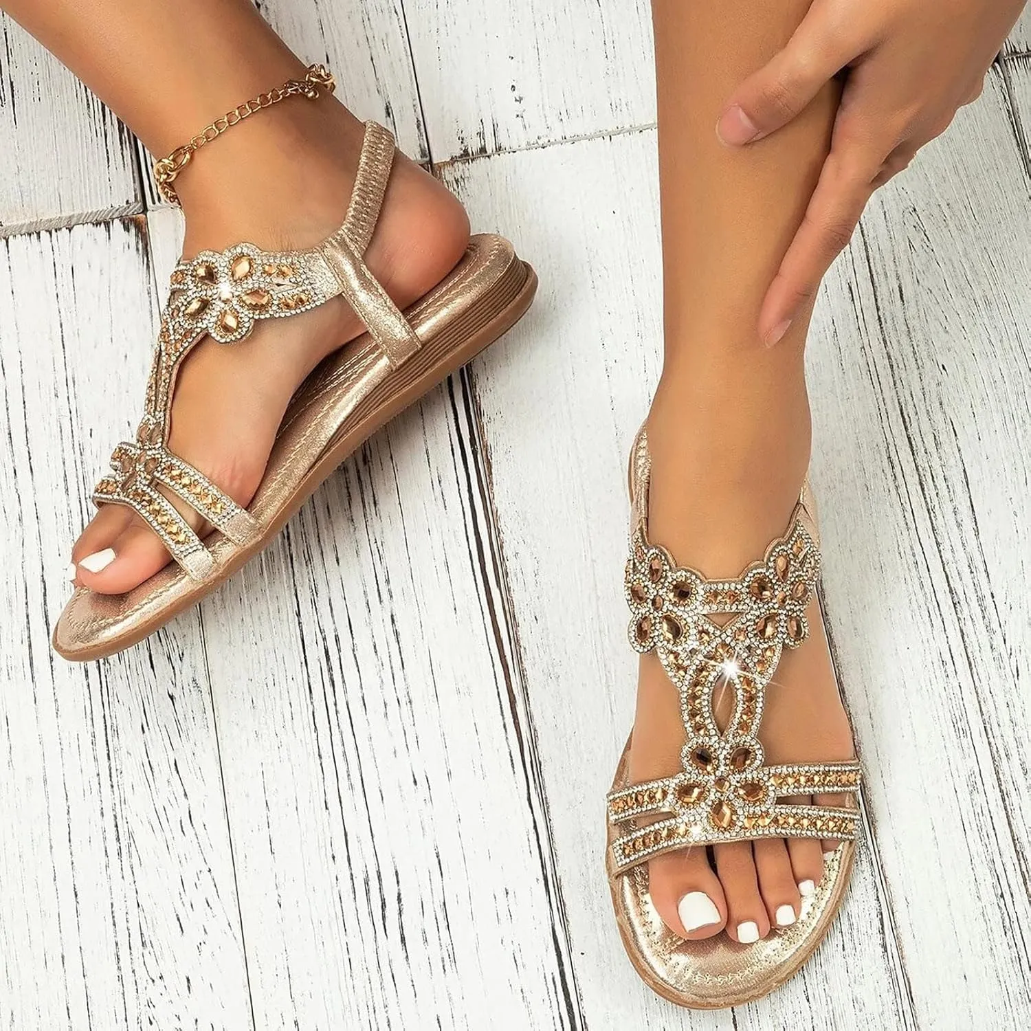 Rhinestone Sandals for Women Dressy Bohemian Flat Comfortable Ankle Elastic T-Strap Open Toe Sandals Slip On Sandal Walking Beach Shoes