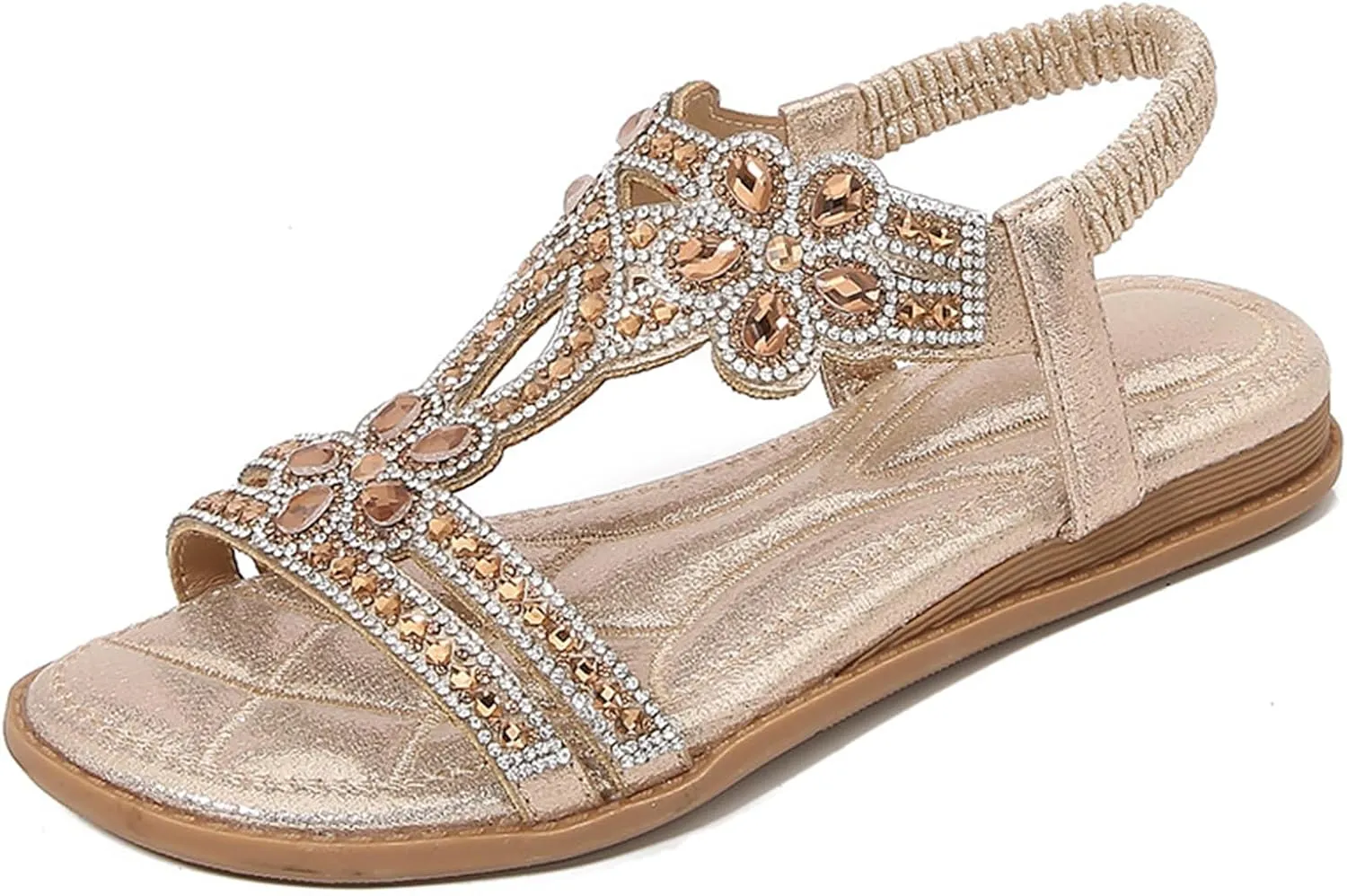 Rhinestone Sandals for Women Dressy Bohemian Flat Comfortable Ankle Elastic T-Strap Open Toe Sandals Slip On Sandal Walking Beach Shoes