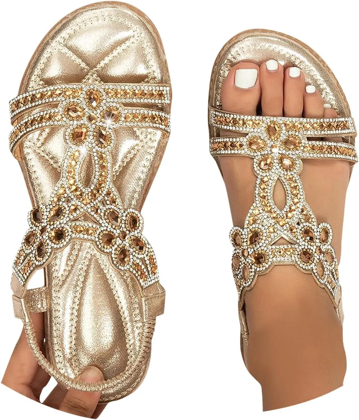 Rhinestone Sandals for Women Dressy Bohemian Flat Comfortable Ankle Elastic T-Strap Open Toe Sandals Slip On Sandal Walking Beach Shoes