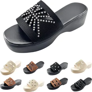 Rhinestones Platform Slides Sandals for Women 2025 Summer Casual Square Toe Wedge Sandals Indoor Outdoor Slip-on Beach Slipper