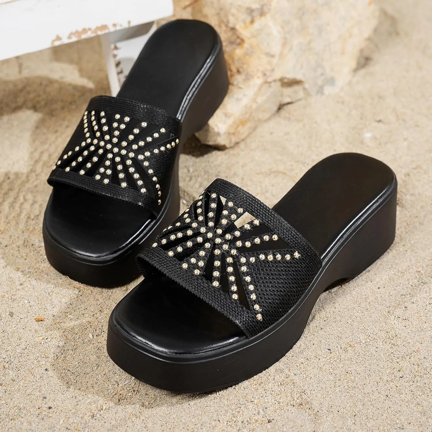 Rhinestones Platform Slides Sandals for Women 2025 Summer Casual Square Toe Wedge Sandals Indoor Outdoor Slip-on Beach Slipper