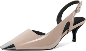 SAMMITOP Kitten Heel Slingback Pumps for Women Silver Cap Toe Low Heel Square Toe Heels Ankle Strap DOrsay Pump Shoes Office Party Prom 2.4 in