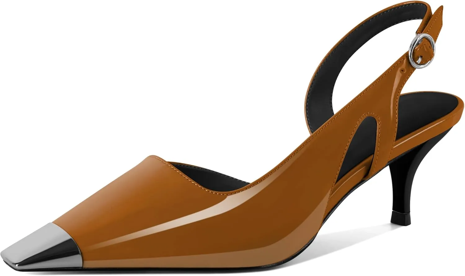 SAMMITOP Kitten Heel Slingback Pumps for Women Silver Cap Toe Low Heel Square Toe Heels Ankle Strap DOrsay Pump Shoes Office Party Prom 2.4 in