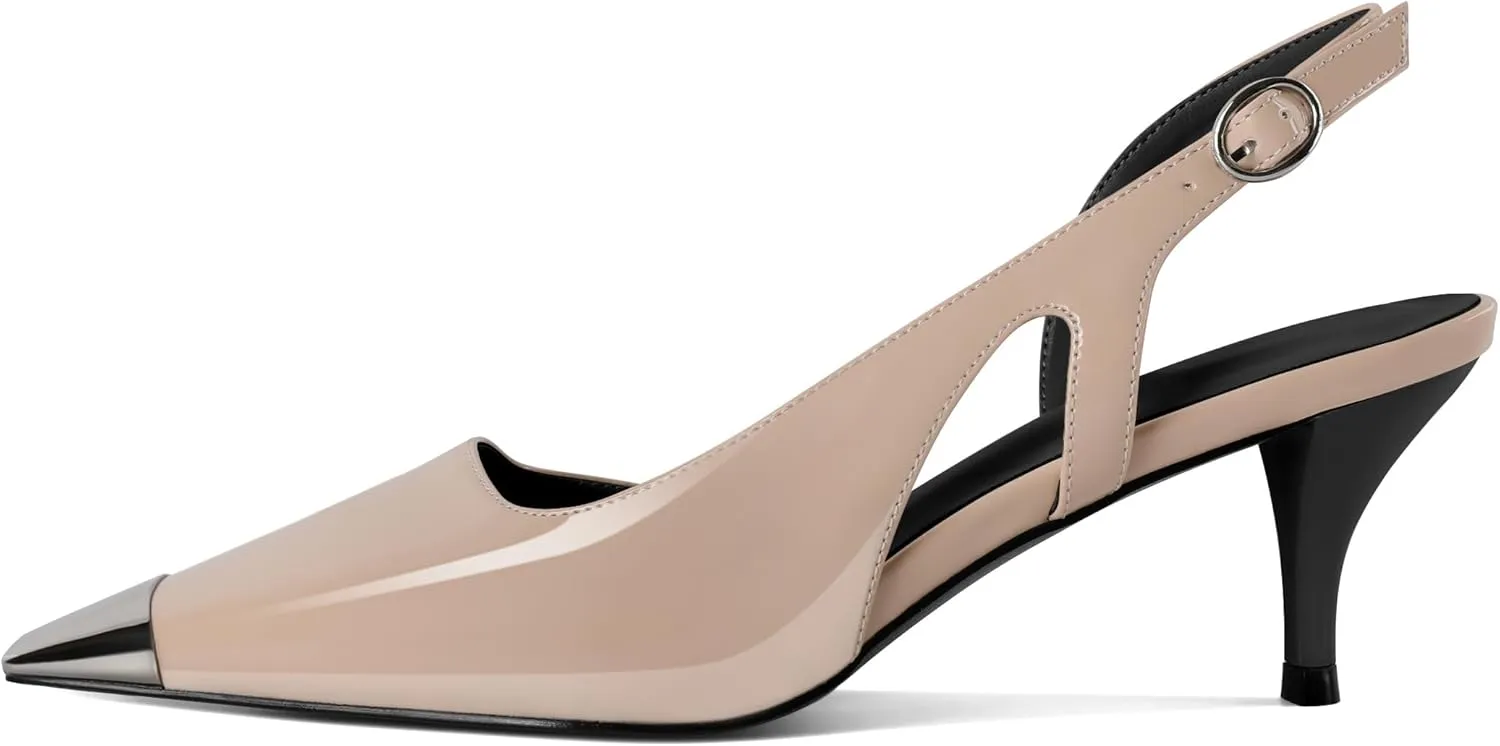 SAMMITOP Kitten Heel Slingback Pumps for Women Silver Cap Toe Low Heel Square Toe Heels Ankle Strap DOrsay Pump Shoes Office Party Prom 2.4 in