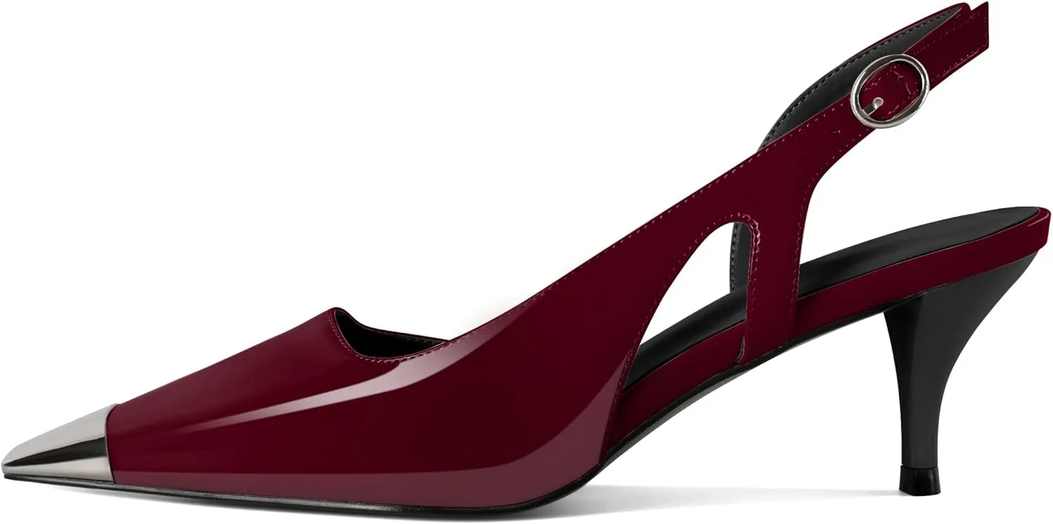SAMMITOP Kitten Heel Slingback Pumps for Women Silver Cap Toe Low Heel Square Toe Heels Ankle Strap DOrsay Pump Shoes Office Party Prom 2.4 in