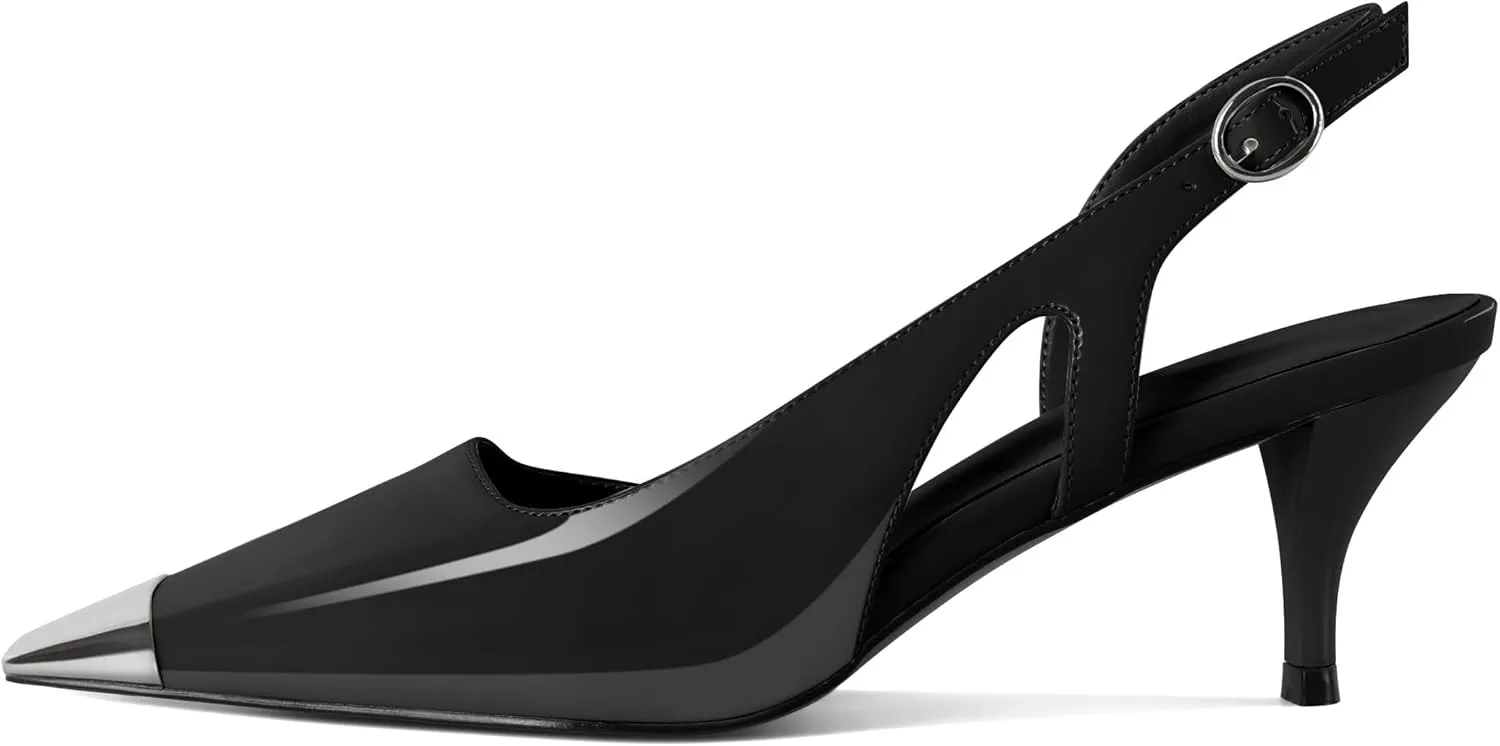 SAMMITOP Kitten Heel Slingback Pumps for Women Silver Cap Toe Low Heel Square Toe Heels Ankle Strap DOrsay Pump Shoes Office Party Prom 2.4 in
