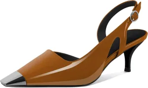 SAMMITOP Kitten Heel Slingback Pumps for Women Silver Cap Toe Low Heel Square Toe Heels Ankle Strap DOrsay Pump Shoes Office Party Prom 2.4 in