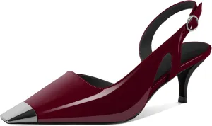 SAMMITOP Kitten Heel Slingback Pumps for Women Silver Cap Toe Low Heel Square Toe Heels Ankle Strap DOrsay Pump Shoes Office Party Prom 2.4 in