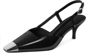 SAMMITOP Slingback Kitten Heels for Women Silver Cap Square Toe Low Stiletto Slip On Pumps with Buckle Strap Dress Work Heeled Sandals Shoes 2.4 Inch